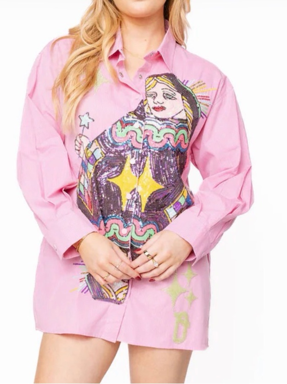 NEW - QUEEN OF SPARKLES - Pink Queen Card Button Up Collar Cotton Dress - Small